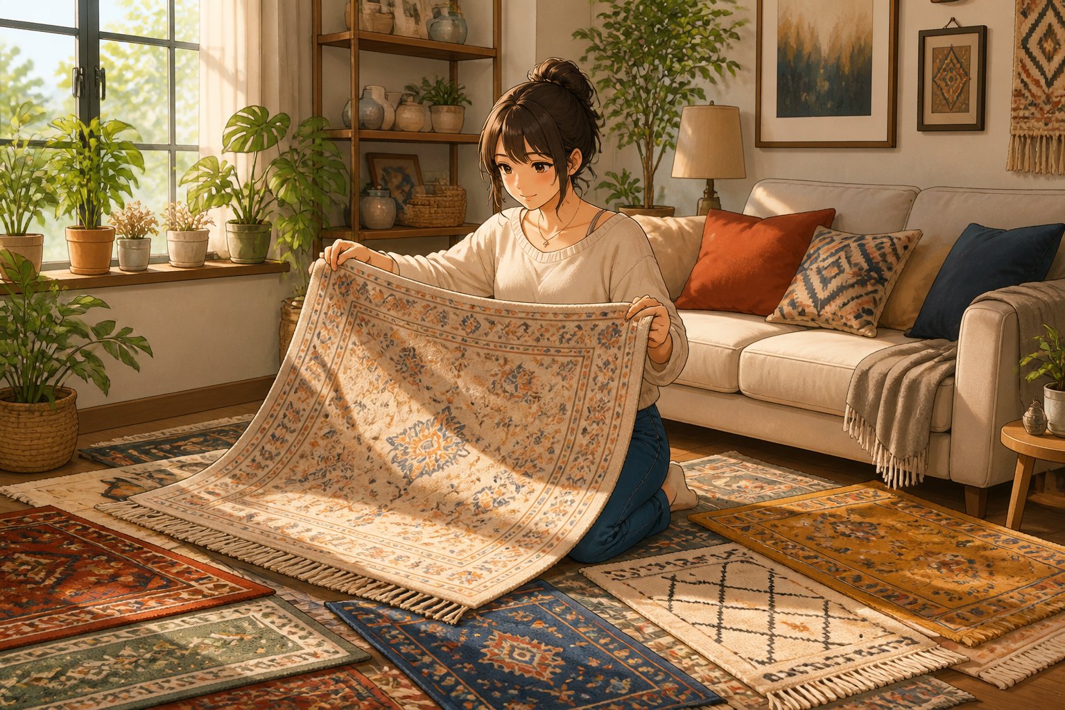 Une femme choisit un tapis parmi plusieurs options colorées dans un salon lumineux et décoré avec des plantes.
